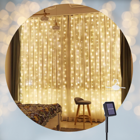 ✨ Cortina de Luces de Navidad 3x3mts 🎄 ∣ 🌞 Funciona con Energía Solar + Panel Incluido 🎅💡