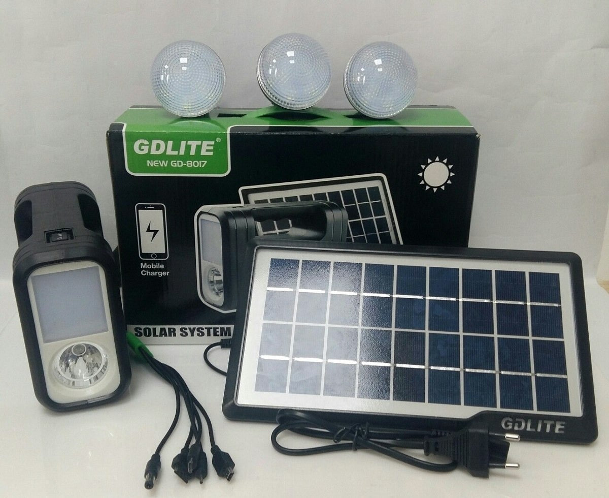 Kit Panel Solar + 3 Bombillos+batería+linterna Carga Celulares. GD-8017