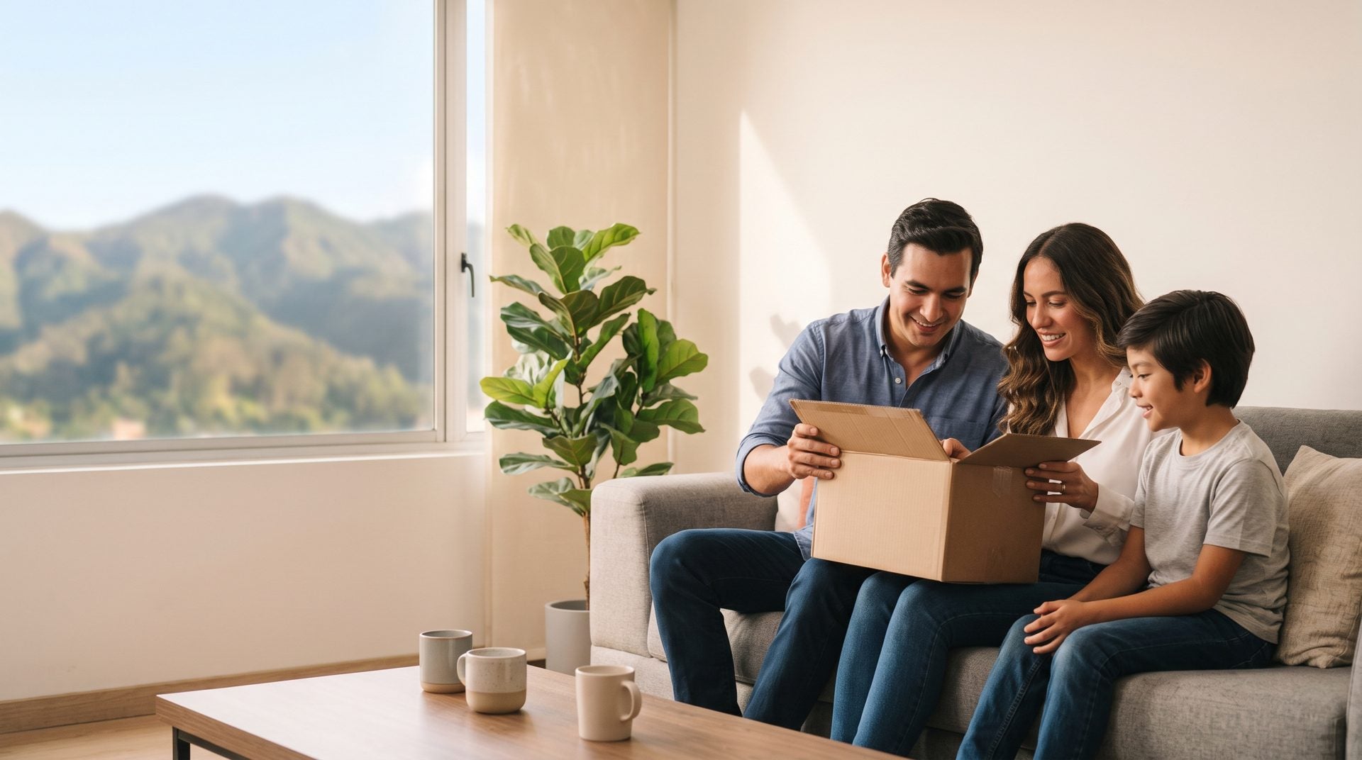 Familia abriendo un paquete en su sala