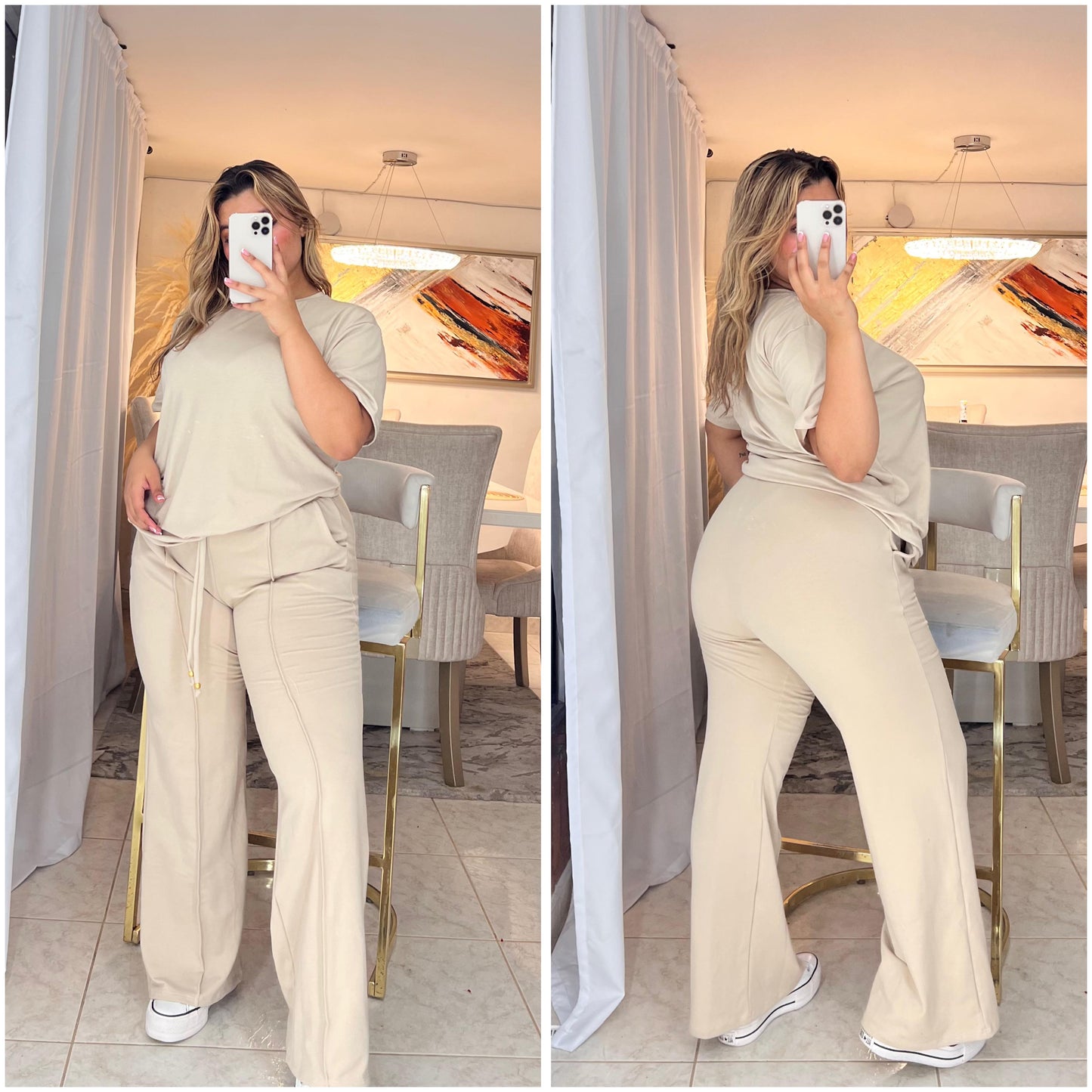 🔥Conjunto pantalón campana con cordón de lujo, complementado con una elegante blusa básica tipo blusón✨