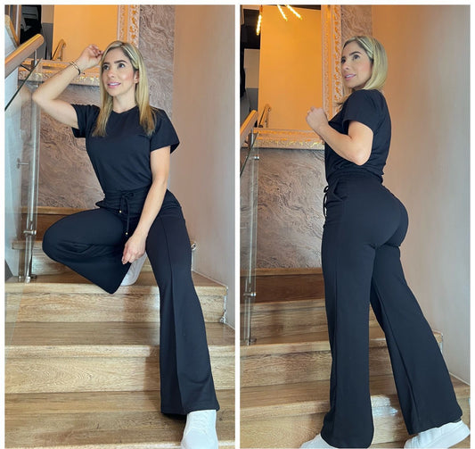 🔥Conjunto pantalón campana con cordón de lujo, complementado con una elegante blusa básica tipo blusón✨