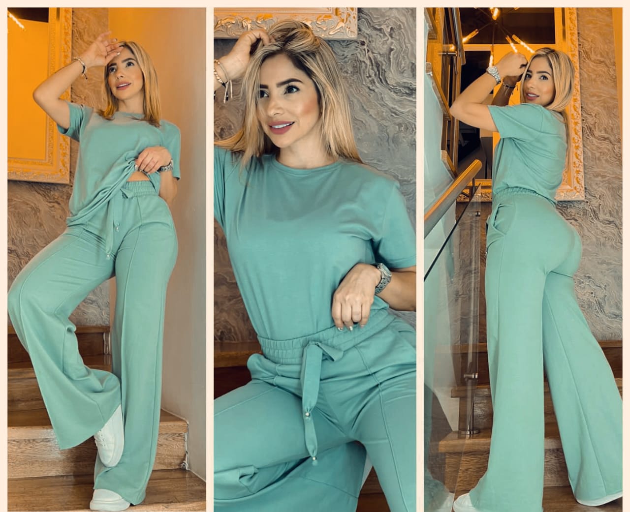 🔥Conjunto pantalón campana con cordón de lujo, complementado con una elegante blusa básica tipo blusón✨