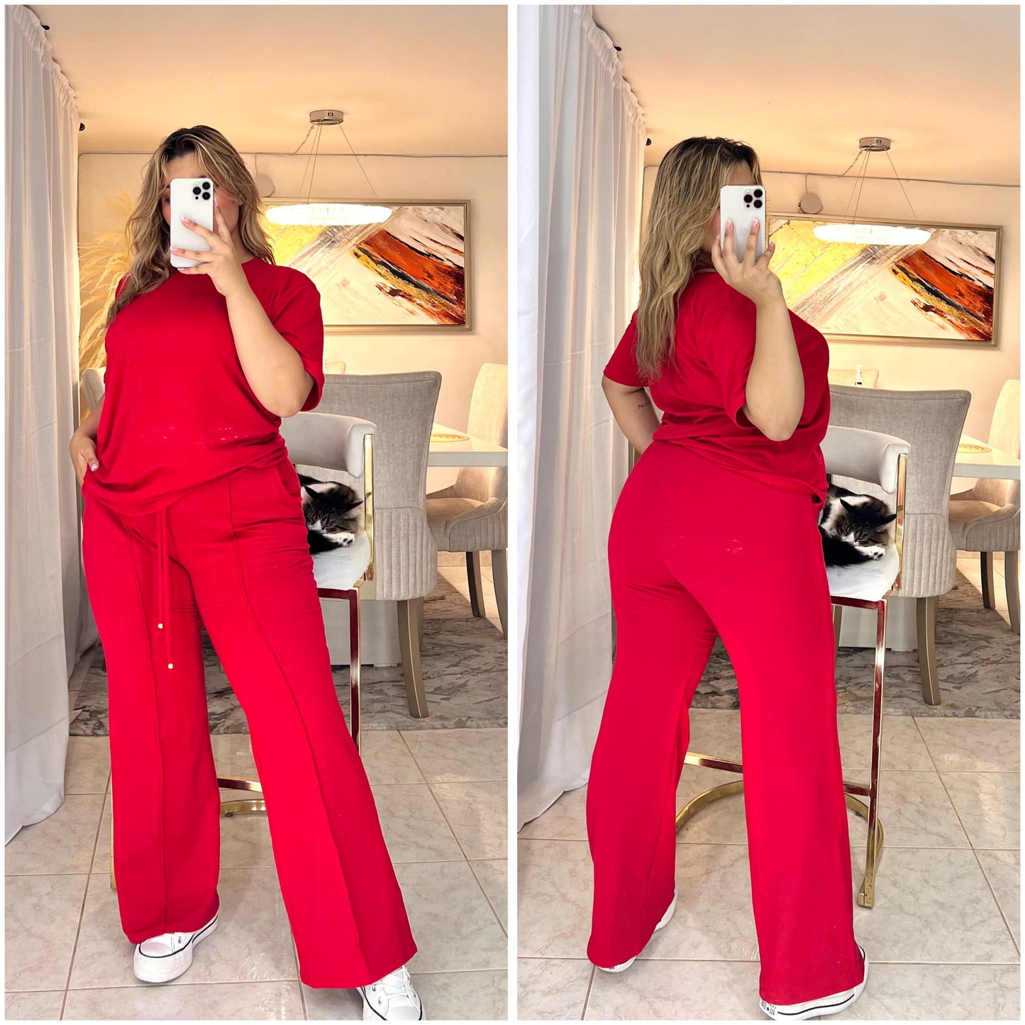 🔥Conjunto pantalón campana con cordón de lujo, complementado con una elegante blusa básica tipo blusón✨