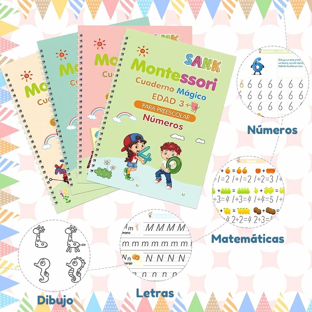 📝 Kit de 4 Cuadernos Mágicos  del Metodo Montessori, Mejora la escritura, concentración y motricidad de los niños de forma divertida y reutilizable. – ¡50% OFF Solo por Hoy! 🎉