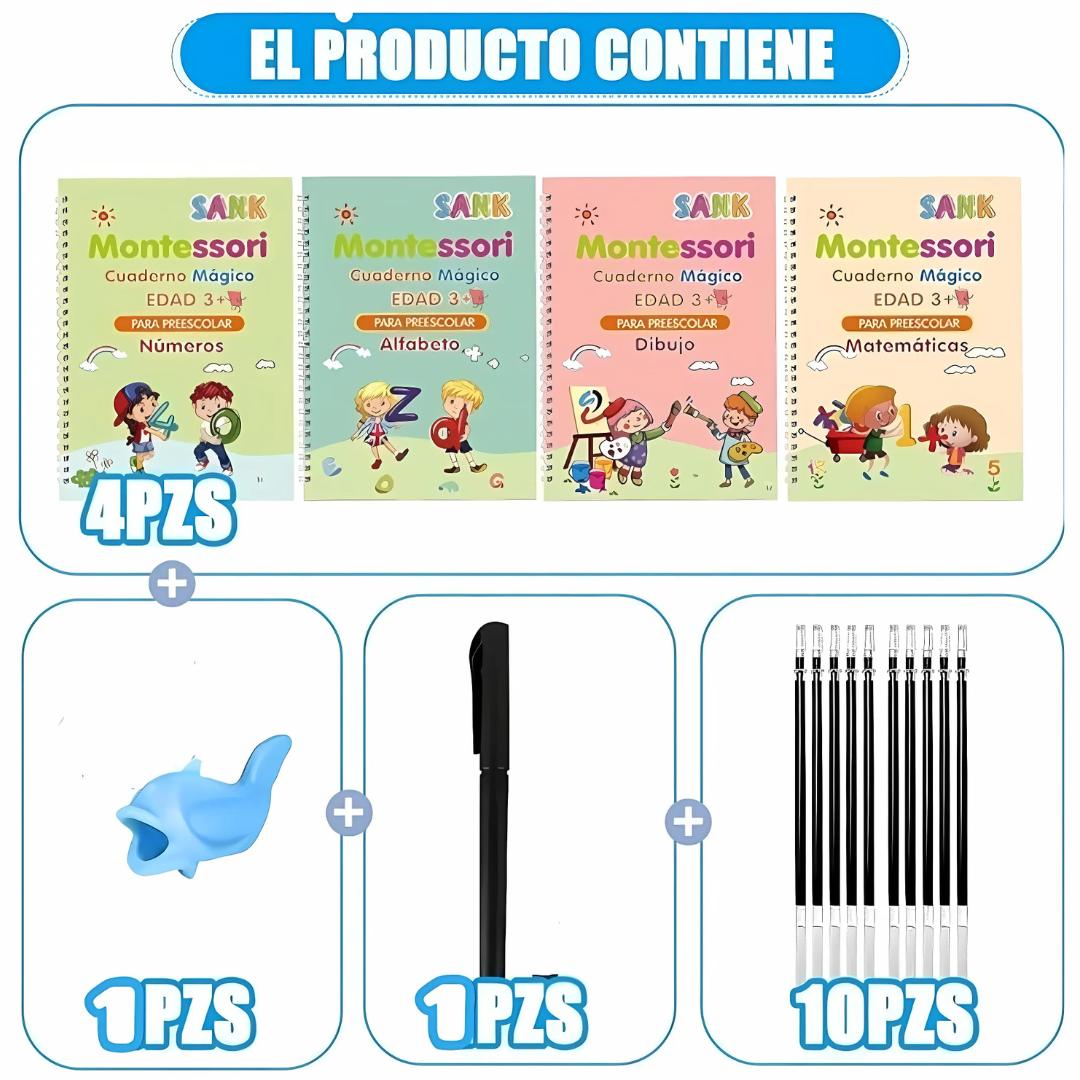 📝 Kit de 4 Cuadernos Mágicos  del Metodo Montessori, Mejora la escritura, concentración y motricidad de los niños de forma divertida y reutilizable. – ¡50% OFF Solo por Hoy! 🎉