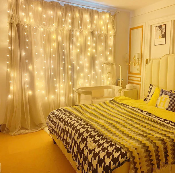 ✨ Cortina de Luces de Navidad 3x3mts 🎄 ∣ 🌞 Funciona con Energía Solar + Panel Incluido 🎅💡