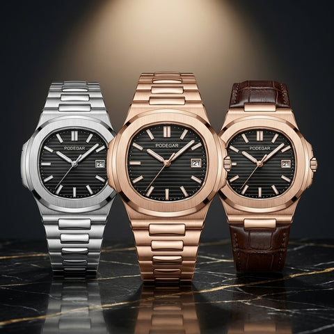 Reloj Podegar Premium en 3 estilos: plateado, oro rosa y oro rosa con correa de cuero café