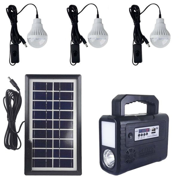 Kit Panel Solar + 4 Bombillos + Luz + Power Bank Radio Autos GD-8028